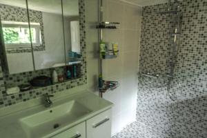 a bathroom with a sink and a shower with a mirror at Ferienhaus Für 2 Personen Ca 35 M Sup2 In Seegebiet Mansfelder Land Seeburg, Sachsen Anhalt Mansfelder Land in Seeburg