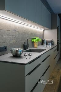 a kitchen with a sink and a bowl on a counter at LIVALPIN Suite in Garmisch-Partenkirchen