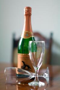 a bottle of champagne and a wine glass on a table at Großes Ferienhaus In Müggendorf Mit Garten in Otterndorf
