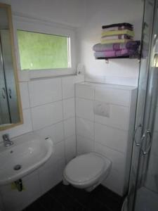 a white bathroom with a toilet and a sink at Charmante Wohnung In Malchow in Malchow