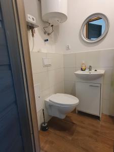 Un baño con un inodoro blanco y un lavabo. en Wrzosowa 10, en Sosnowiec 25 fotos más