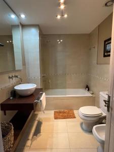 a bathroom with a tub and a toilet and a sink at Loft de Lujo en Condominio de Bahia Grande Nordelta in Benavídez +29 photos