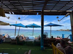 a group of people sitting under umbrellas on the beach at Greek Camp in Dahab