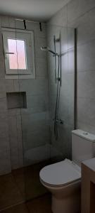a bathroom with a toilet and a glass shower at Raisakis Apartments in Agia Marina Nea Kydonias +21 photos