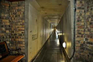 a long hallway with a brick wall at Kwa Maritane Lodge in Ledig