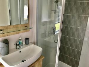 a bathroom with a sink and a shower at Debran Lodge in Angus +23 photos