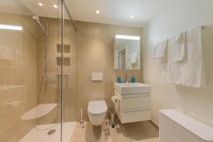 a bathroom with a shower and a toilet and a sink at Bright and Airy 1-Bedroom Flats in Neuchâtel City Center! RDM2 in Neuchâtel +11 photos