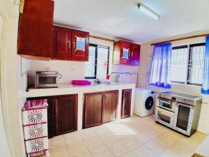 a small kitchen with red cabinets and a sink at ZUNOX GUEST HOUSE in Freetown