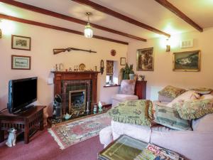 un salon avec un canapé et une cheminée dans l'établissement Hafoty Boeth Cottage, à Corwen 7 autres photos