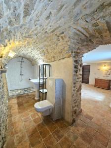 a stone bathroom with a toilet and a sink at Magnifique villa avec piscine- hauteurs de Bastia in Bastia
