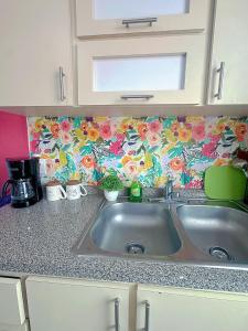 un bancone della cucina con lavandino e carta da parati floreale di Isabela Beach Apartment Private Pool a Isabela