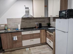 a kitchen with wooden cabinets and a white refrigerator at Yann Wohlfühl & schönes Apartment in Neuenstadt am Kocher +9 photos