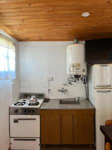 a kitchen with a white stove and a sink at Apart Los lirios in La Porteña