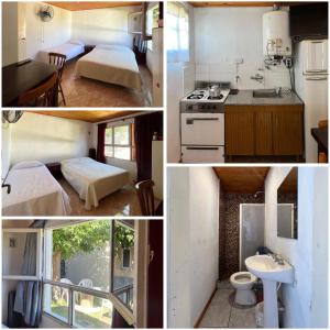 a collage of pictures of a kitchen and a bathroom at Apart Los lirios in La Porteña
