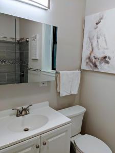 a white bathroom with a sink and a toilet at Spacious Bronzeville Apartment in Chicago