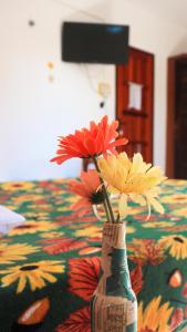 a vase filled with flowers sitting on a bed at 4 Estações - Arraial in Arraial do Cabo +33 photos