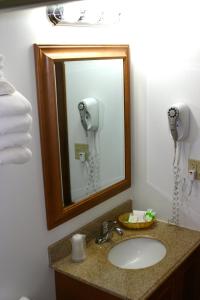 a bathroom with a sink and a mirror and a phone at Denali Grizzly Bear Resort in McKinley Park