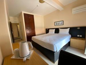 a bedroom with a king sized bed and a vacuum at Hotel Riomar in Lagos