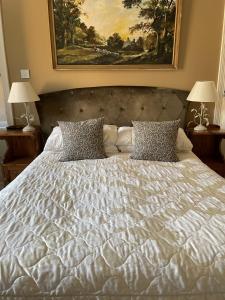 a large white bed with two pillows and a painting at Eagle Tavern in Faringdon