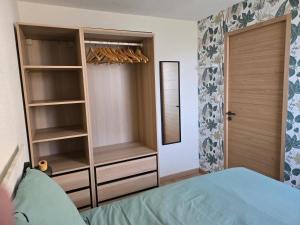 a bedroom with a bed and a closet at Appartement paisible à 300m de la plage in Le Grau-du-Roi
