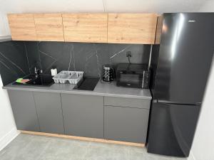 a kitchen with a black refrigerator and a microwave at ICE KING Apartament in Sandomierz