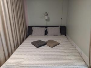 een bed met twee kussens erop in een kamer bij Apartamentai Gintaras in Palanga +2 foto's