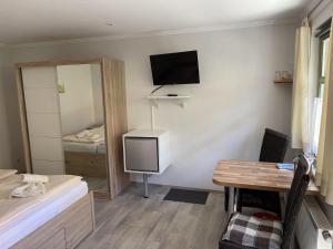 a room with a bed and a desk and a television at Pension Weiß in Zinnowitz