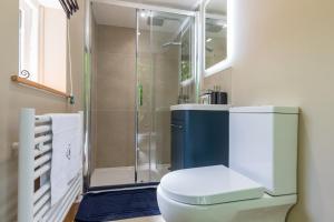 a bathroom with a toilet and a shower at Yurt with Hot Tub near Hartington, Peak District in Buxton