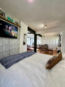 a bedroom with a large bed with a television on the wall at Beautiful Loft 10 minutes from AIFA in San Pedro Atzompa