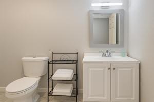 un bagno con un water, un lavandino e uno specchio di Boulevard Inn ad Amherst