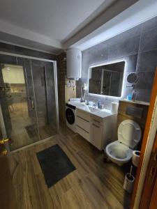 a bathroom with a toilet and a sink and a shower at Moja Mona in Subotica +7 photos