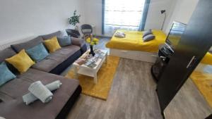 a living room with a couch and a bed at Hello Tisza Vendégház in Tiszafüred