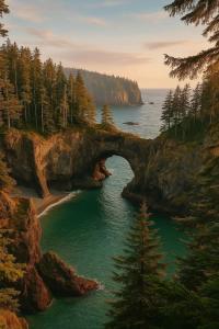 a bridge over a body of water with a beach at Coastal Cabin above the Clouds in Brookings +8 photos