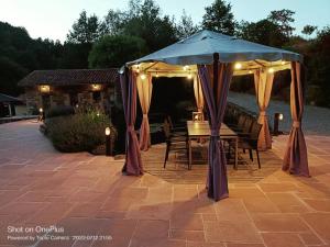 a gazebo with a table and chairs on a patio at Moulin de Longuecoste, 11 couchages, Nature, Rivière, Piscine et Pool House in Montet-et-Bouxal +65 photos