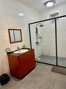 um banheiro com chuveiro, pia e espelho em 3-Bedroom Duplex Apt em Dar es Salaam