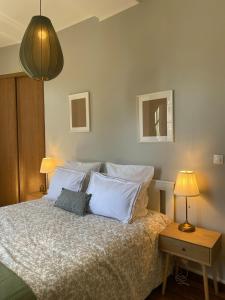 a bedroom with a bed with white pillows at Appartement de charme au cœur du centre ville historique in Auxerre