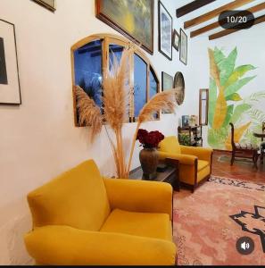 a living room with two yellow chairs and a mirror at Casa Paula acosta santa marta in Gaira