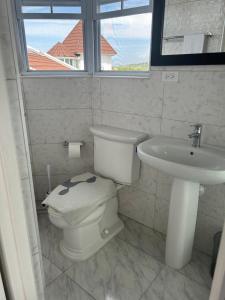 een badkamer met toilet en wastafel bij Seacastle Beach Penthouse in Montego Bay +11 foto's