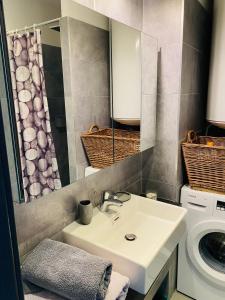 a bathroom with a sink and a washing machine at Appartement 74 cita Di sali in Porto-Vecchio +5 photos