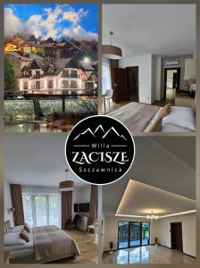 eine Collage mit Bildern eines Schlafzimmers und eines Hauses in der Unterkunft Willa Zacisze Szczawnica 25m2 Ip in Szczawnica