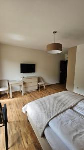 ein Schlafzimmer mit einem Bett und einem Flachbildfernseher in der Unterkunft Willa Zacisze Szczawnica 25m2 Ip in Szczawnica