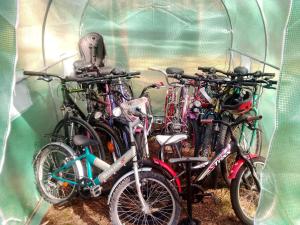 a group of bikes parked in a green tent at Zew Natury in Broda