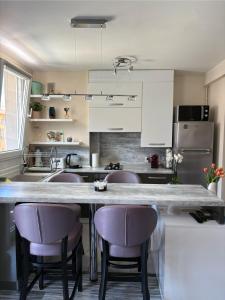 una cocina con barra y taburetes púrpura en Elegant Apartment Terrace Port of Nice, en Niza