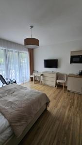 ein Schlafzimmer mit einem Bett, einem Schreibtisch und einem Fernseher in der Unterkunft Willa Zacisze Szczawnica Apart in Szczawnica