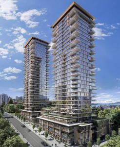 a rendering of a building with two tall towers at Brand New Modern 2 BR Condo in Heart of Downtown Vancouver in Vancouver
