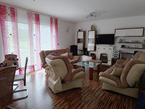a living room with chairs and a fire place at Villa Sienna in Smrdan