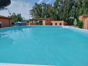 a large pool of blue water in a yard at Casal Baratz in Santa Maria la Palma