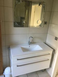 a bathroom with a white sink and a mirror at freistehendes Ferienhaus mit Sauna und Kamin in Kamperland