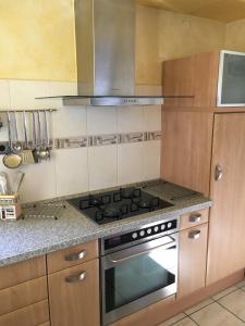 a kitchen with a stove top oven in a kitchen at freistehendes Ferienhaus mit Sauna und Kamin in Kamperland