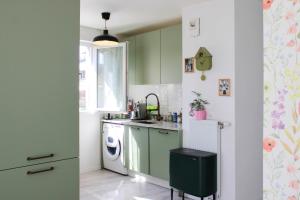 cocina con armarios verdes y lavavajillas en Apartment with balcony at the gates of Paris, en Bagnolet